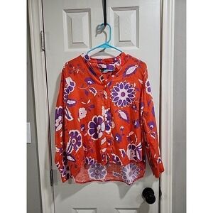Ann Taylor Linen Blouse Top MP Orange Purple Floral Mandarin Collar Boho